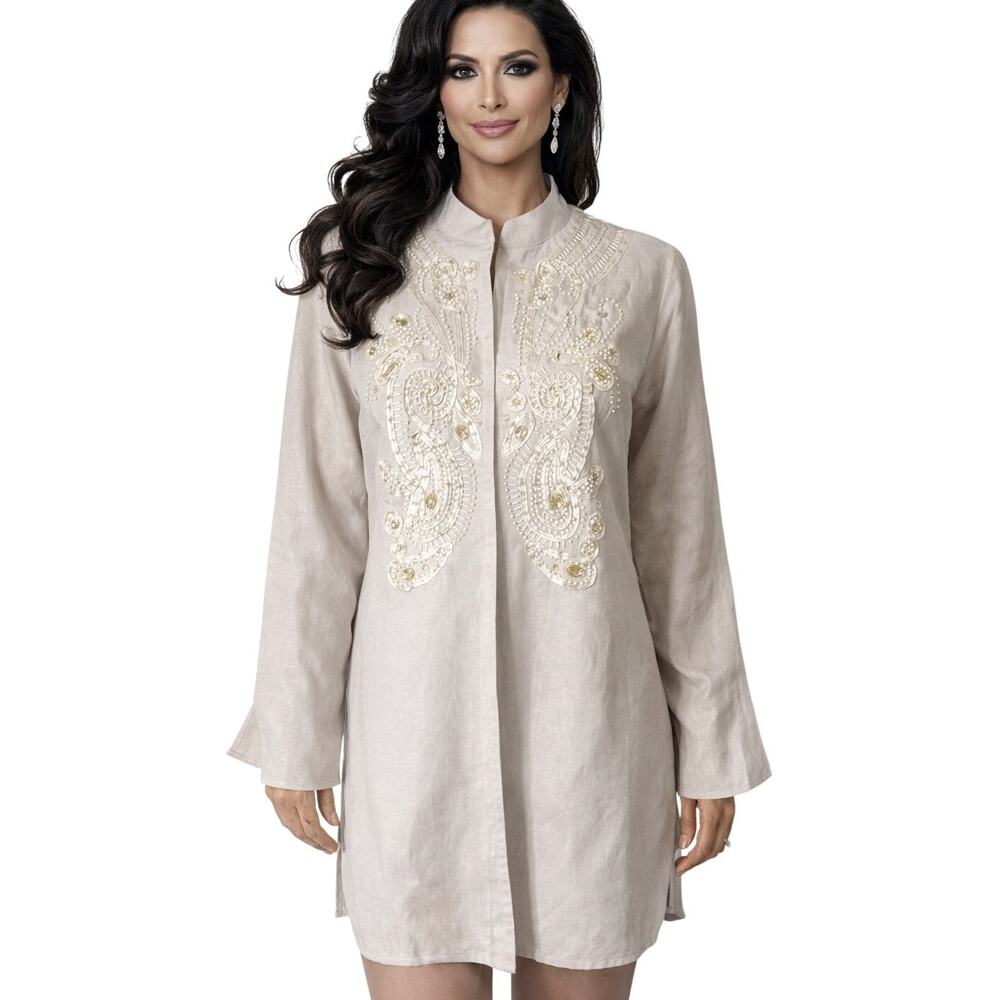 Badgley Mischka American Glamour Tunic Blouse Womens Medium Beaded Beige White